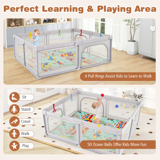 Baby Playpen with Mat and Breathable Mesh-Gray