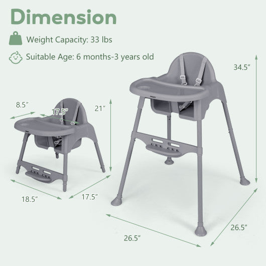 4 in 1 Convertible Kids Dining High Chair with Adjustable Removable Tray and Footrest-Gray