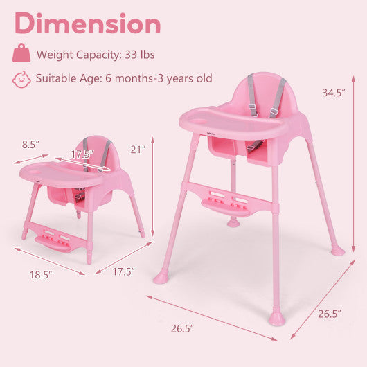 4 in 1 Convertible Kids Dining High Chair with Adjustable Removable Tray and Footrest-Pink