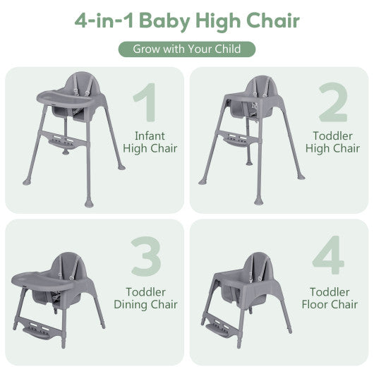 4 in 1 Convertible Kids Dining High Chair with Adjustable Removable Tray and Footrest-Gray
