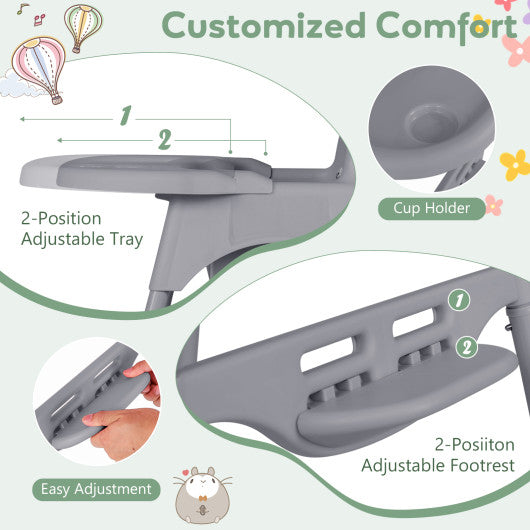 4 in 1 Convertible Kids Dining High Chair with Adjustable Removable Tray and Footrest-Gray