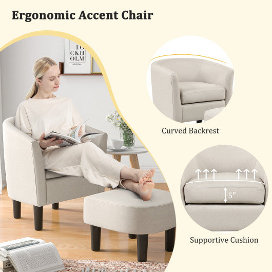Barrel Club Chair with Ottoman Set Linen Fabric Accent Chair with Footrest-Beige