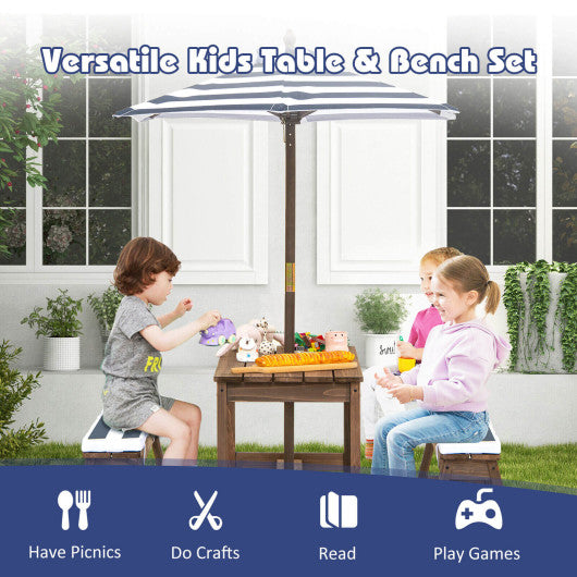 Kids Picnic Table and Bench Set with Cushions and Height Adjustable Umbrella-Blue