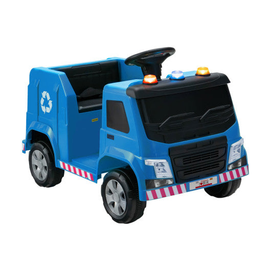 12V Kids Ride-on Garbage Truck with Warning Lights and 6 Recycling Accessories-Blue