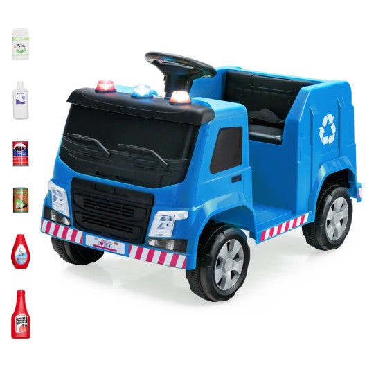 12V Kids Ride-on Garbage Truck with Warning Lights and 6 Recycling Accessories-Blue