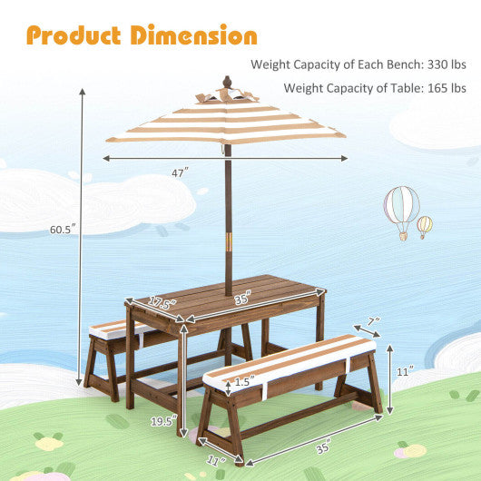 Kids Picnic Table and Bench Set with Cushions and Height Adjustable Umbrella-Brown