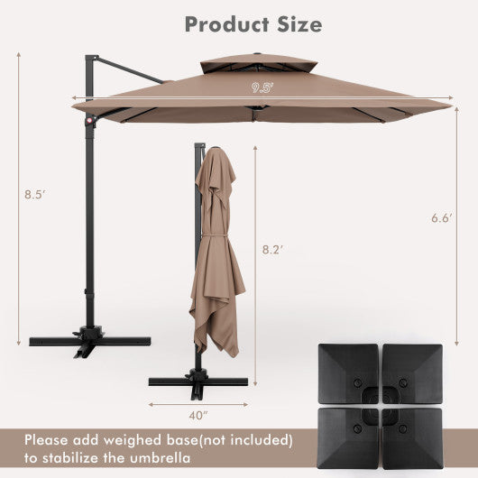 9.5 Feet Cantilever Patio Umbrella with 360¡ã Rotation and Double Top-Coffee