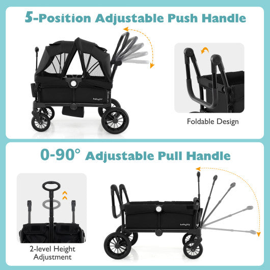 2 Seater Push Pull Collapsible Kids Wagon Stroller with Adjustable Handlebars-Black