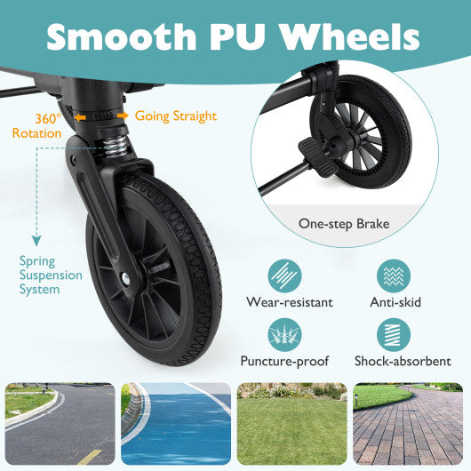 2 Seater Push Pull Collapsible Kids Wagon Stroller with Adjustable Handlebars-Black