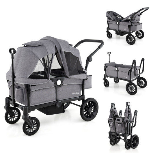 2 Seater Push Pull Collapsible Kids Wagon Stroller with Adjustable Handlebars-Gray
