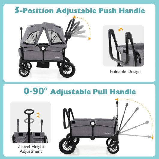 2 Seater Push Pull Collapsible Kids Wagon Stroller with Adjustable Handlebars-Gray