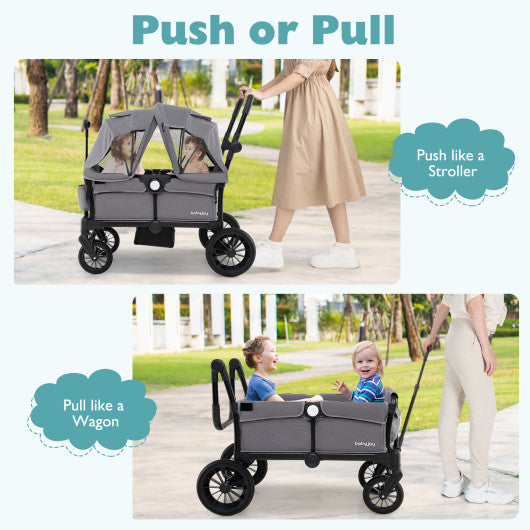 2 Seater Push Pull Collapsible Kids Wagon Stroller with Adjustable Handlebars-Gray