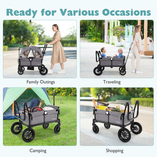 2 Seater Push Pull Collapsible Kids Wagon Stroller with Adjustable Handlebars-Gray