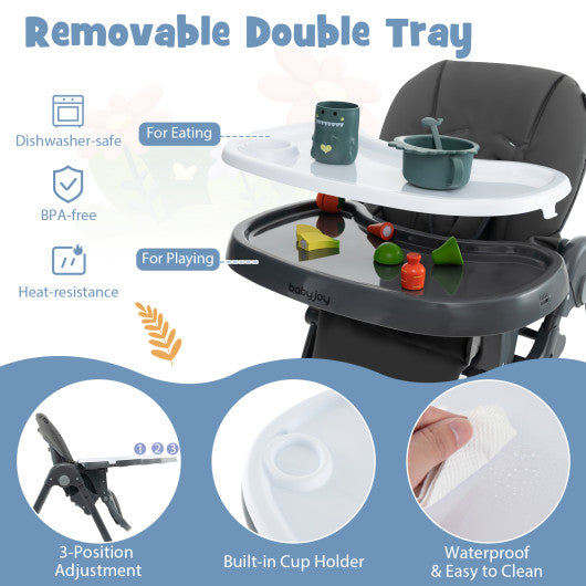 3-In-1 Convertible Baby High Chair with 7 Heights and Double Food Tray-Dark Gray