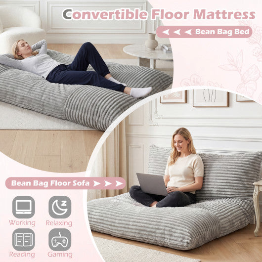 Convertible Bean Bag Floor Sofa with Machine-washable Corduroy Cover-Gray