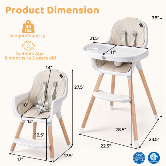 Convertible High Chair with 5-Point Harness for Babies and Toddlers-Beige