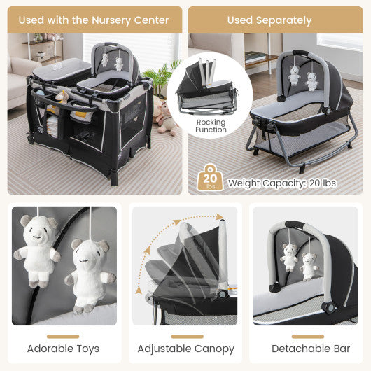 4-in-1 Convertible Portable Baby Play Yard with Toys and Music Player-Gray