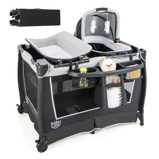 4-in-1 Convertible Portable Baby Play Yard with Toys and Music Player-Gray