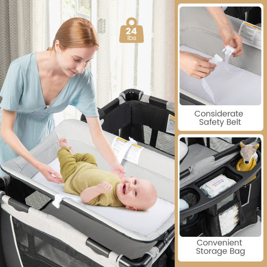 4-in-1 Convertible Portable Baby Play Yard with Toys and Music Player-Gray