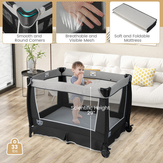 4-in-1 Convertible Portable Baby Play Yard with Toys and Music Player-Gray