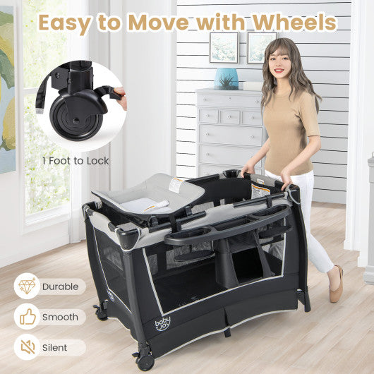 4-in-1 Convertible Portable Baby Play Yard with Toys and Music Player-Gray