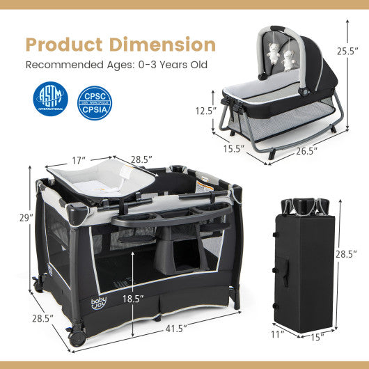 4-in-1 Convertible Portable Baby Play Yard with Toys and Music Player-Gray
