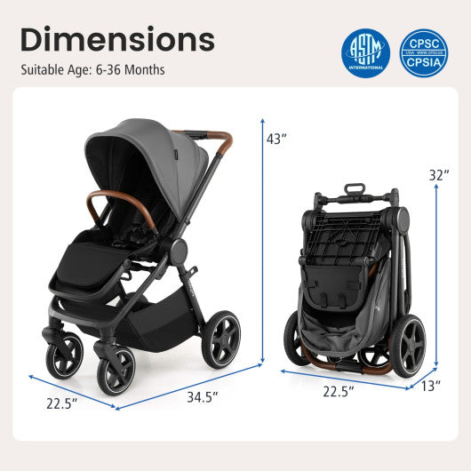 Convertible Travel Baby Stroller with Car Seat Adapters-Gray