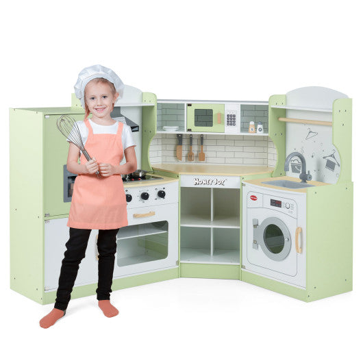 Corner Kids Play Kitchen with Washing Machine and Ice Maker Gift for Boys Girls-Green