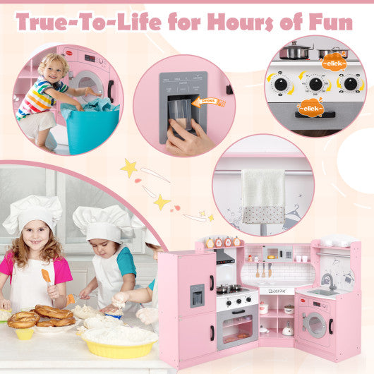 Corner Kids Play Kitchen with Washing Machine and Ice Maker Gift for Boys Girls-Pink