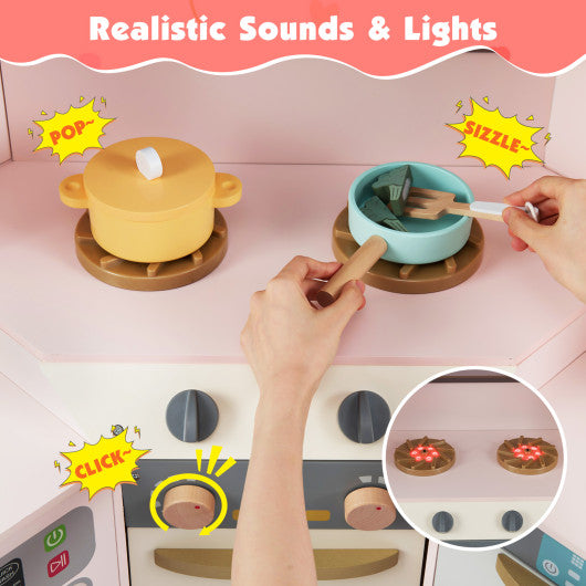Corner Kitchen Toys with Lights and Sounds with Pull-out Trash Can and Stoves-Pink