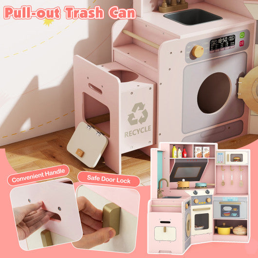 Corner Kitchen Toys with Lights and Sounds with Pull-out Trash Can and Stoves-Pink