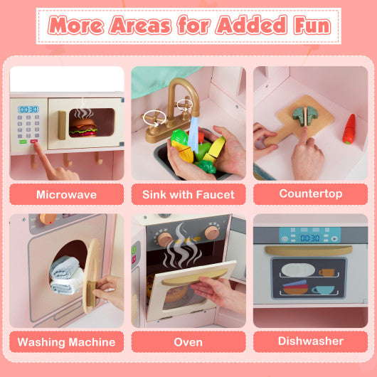 Corner Kitchen Toys with Lights and Sounds with Pull-out Trash Can and Stoves-Pink