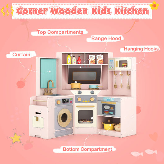 Corner Kitchen Toys with Lights and Sounds with Pull-out Trash Can and Stoves-Pink