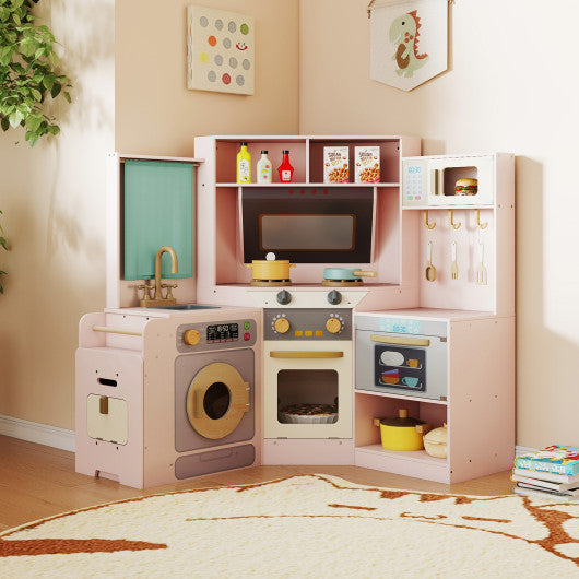 Corner Kitchen Toys with Lights and Sounds with Pull-out Trash Can and Stoves-Pink