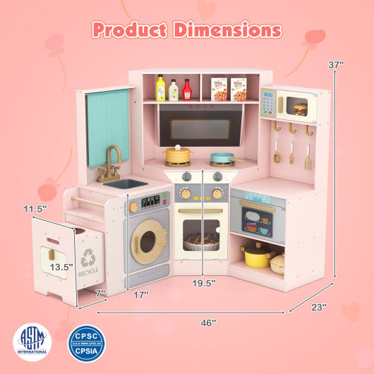 Corner Kitchen Toys with Lights and Sounds with Pull-out Trash Can and Stoves-Pink