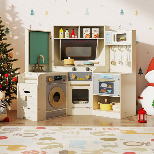 Corner Kitchen Toys with Lights and Sounds with Pull-out Trash Can and Stoves-Off White