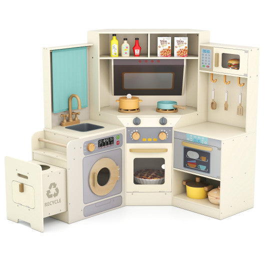 Corner Kitchen Toys with Lights and Sounds with Pull-out Trash Can and Stoves-Off White