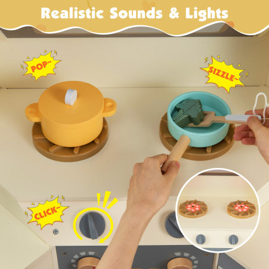 Corner Kitchen Toys with Lights and Sounds with Pull-out Trash Can and Stoves-Off White