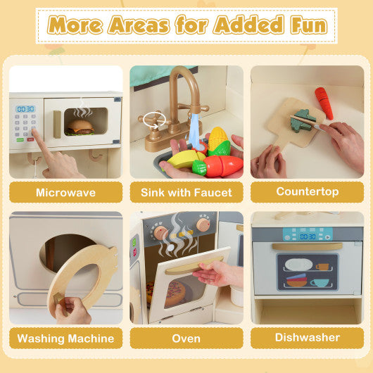 Corner Kitchen Toys with Lights and Sounds with Pull-out Trash Can and Stoves-Off White