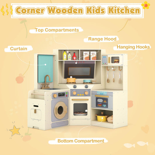 Corner Kitchen Toys with Lights and Sounds with Pull-out Trash Can and Stoves-Off White