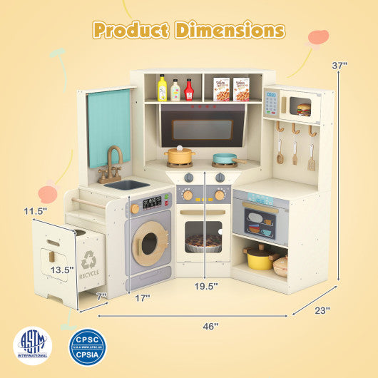 Corner Kitchen Toys with Lights and Sounds with Pull-out Trash Can and Stoves-Off White