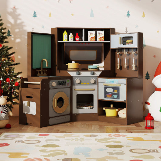 Corner Kitchen Toys with Lights and Sounds with Pull-out Trash Can and Stoves-Coffee