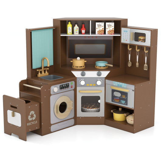 Corner Kitchen Toys with Lights and Sounds with Pull-out Trash Can and Stoves-Coffee