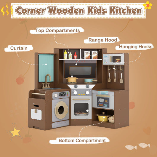 Corner Kitchen Toys with Lights and Sounds with Pull-out Trash Can and Stoves-Coffee