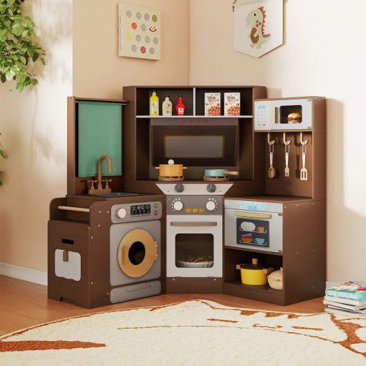 Corner Kitchen Toys with Lights and Sounds with Pull-out Trash Can and Stoves-Coffee