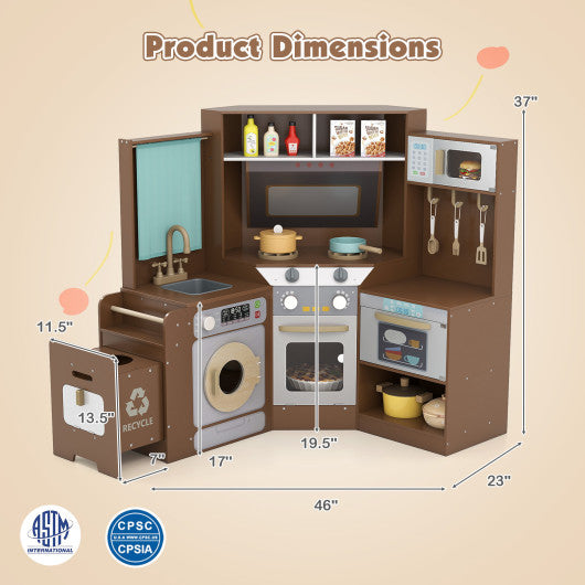 Corner Kitchen Toys with Lights and Sounds with Pull-out Trash Can and Stoves-Coffee