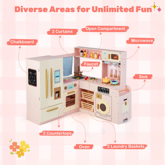 Corner Play Kitchen with Lights and Sounds for Ages 3+-Pink