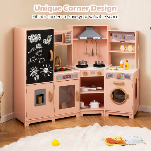 Corner Wooden Play Kitchen with Lights and Sounds Large Pretend Play Kitchen Set-Pink