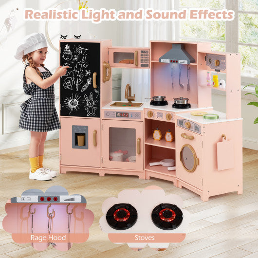 Corner Wooden Play Kitchen with Lights and Sounds Large Pretend Play Kitchen Set-Pink