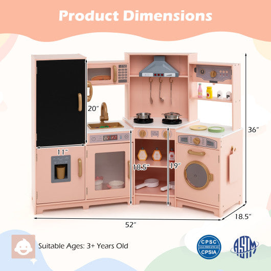 Corner Wooden Play Kitchen with Lights and Sounds Large Pretend Play Kitchen Set-Pink